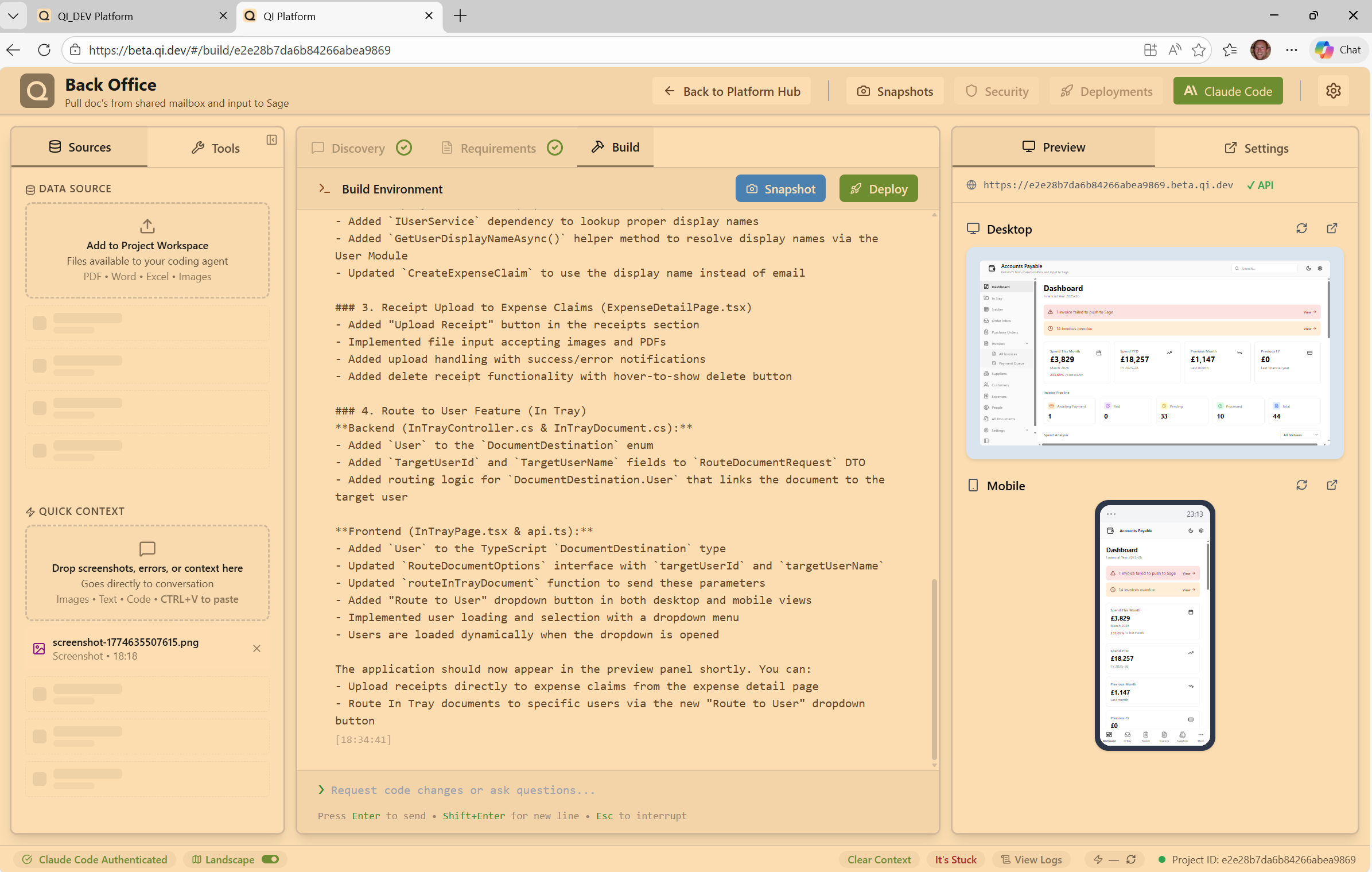 The workspace — build, iterate, and preview